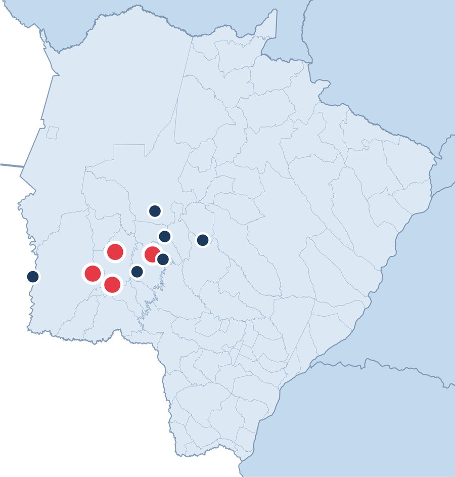 Mapa de Mato Grosso do Sul com os 9 municípios atendidos pela perícia médica administrativa B&C
